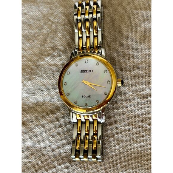 Seiko Solar Diamond two-tone mother-of-pearl women's watch, SUP398 - Picture 1 of 9